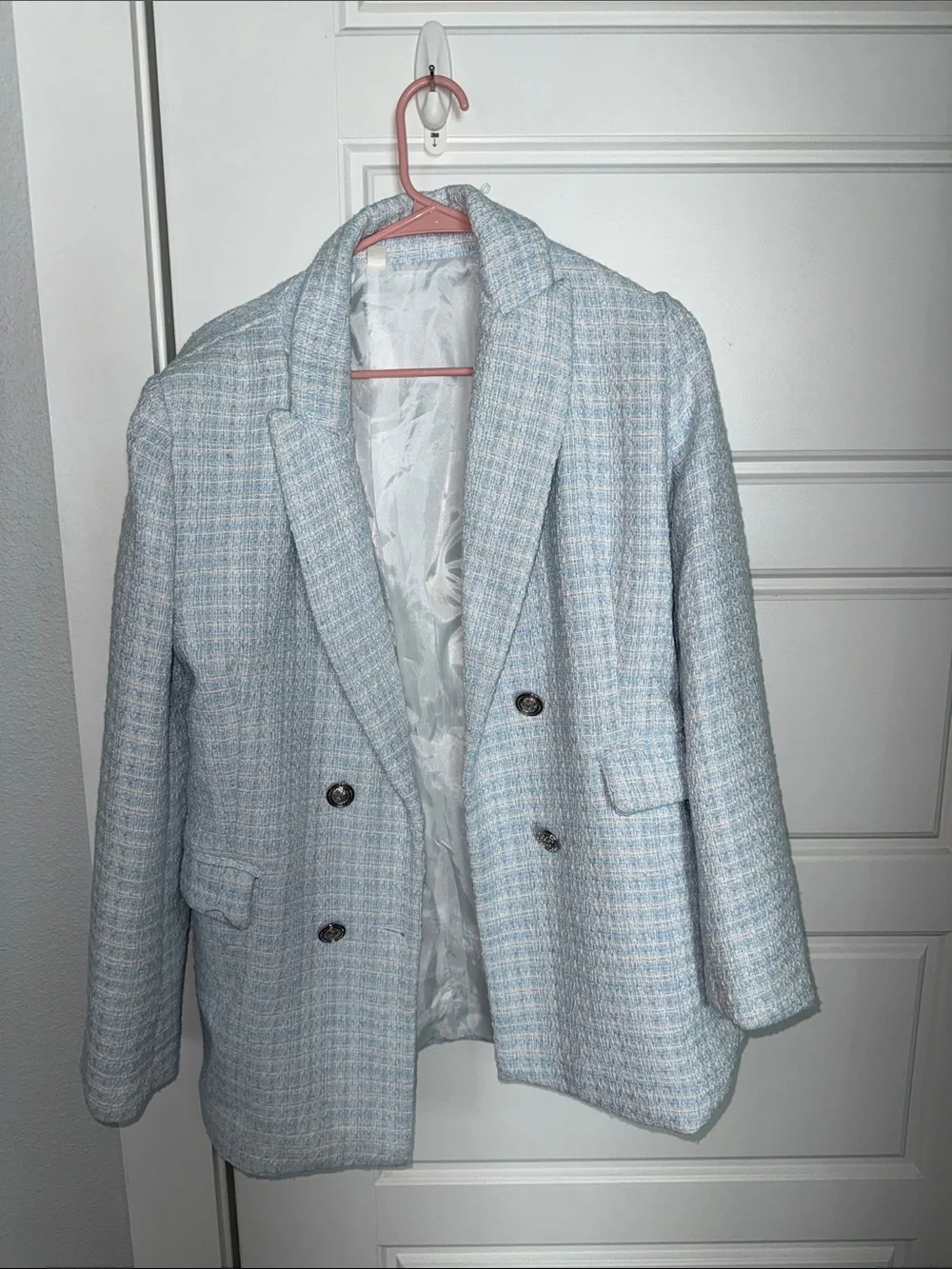 Light Blue Tweed Double-Breasted Blazer
